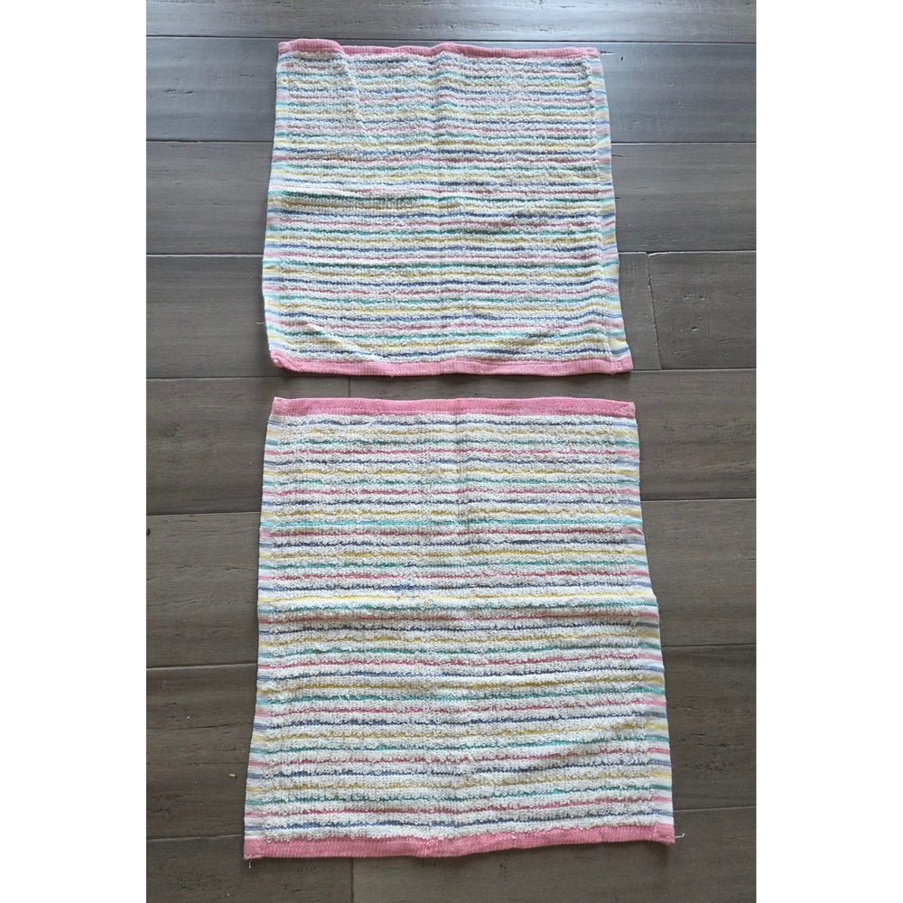 Vintage Multi Color Striped Cotton Wash Cloth Set of 2 Pink Yellow Blue RN 87254